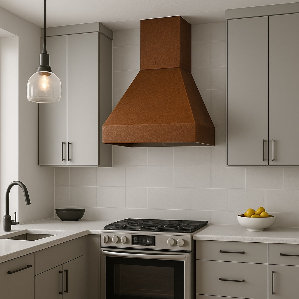 Modern style kitchen with a rustic copper range hood