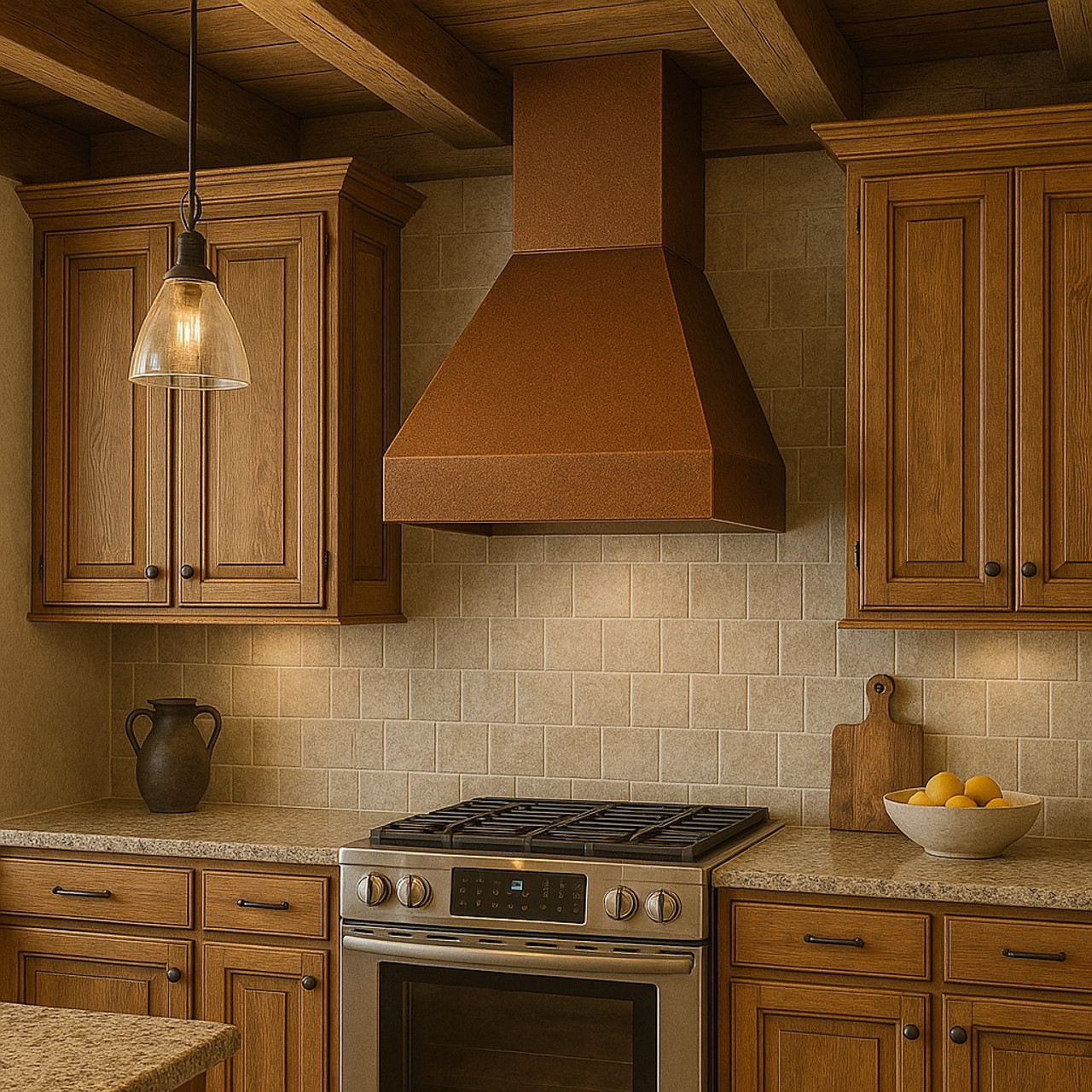 Rustic kitchen with a rustic copper range hood