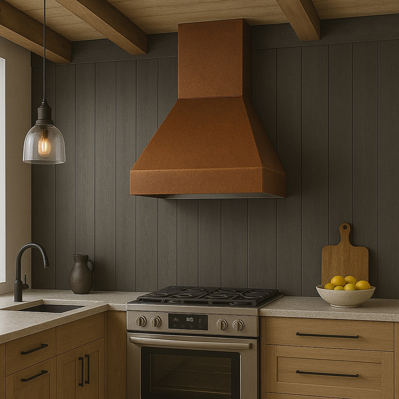 Contemporary Scandinavian style kitchen with a rustic copper range hood