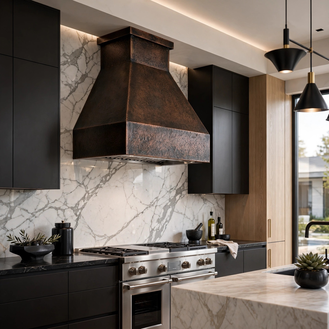 Minimalist trapezoidal copper range hood with deep apron styled in luxury contemporary kitchen
