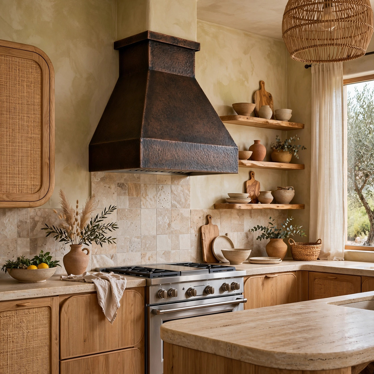 Minimalist trapezoidal copper range hood with deep apron in organic modern kitchen design