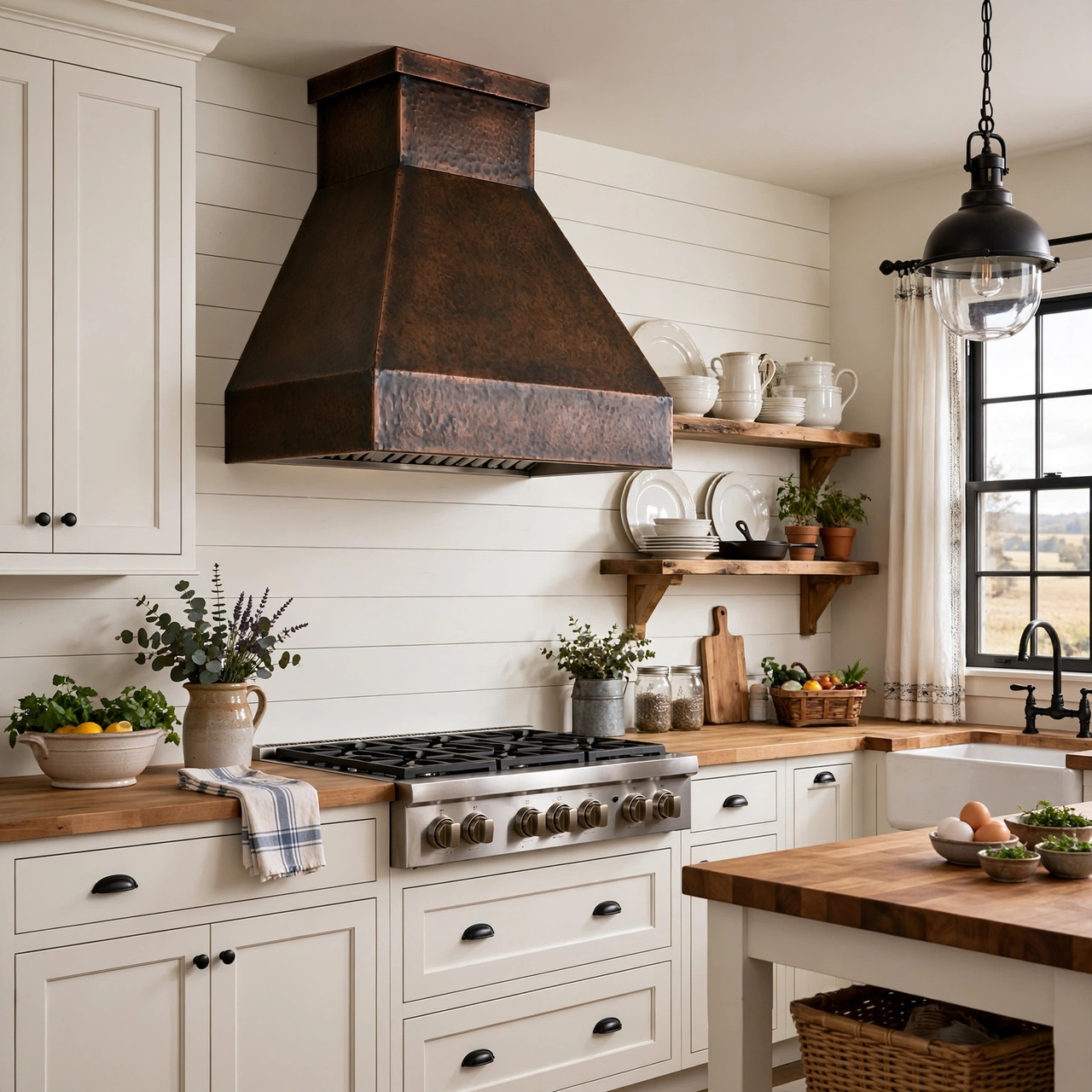 Modern farmhouse kitchen with minimalist trapezoidal copper range hood and warm hammered finish