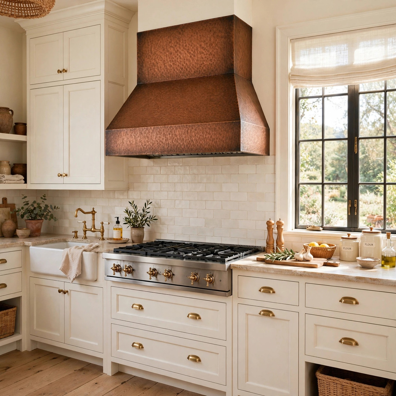 Farmhouse kitchen with hammered under-cabinet copper range hood and aged natural patina