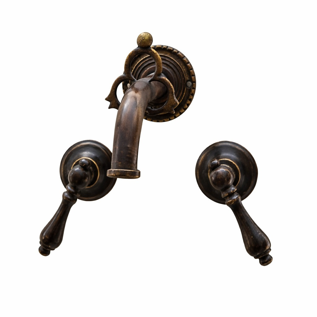 Antique brass wall faucet with decorative ring backplate