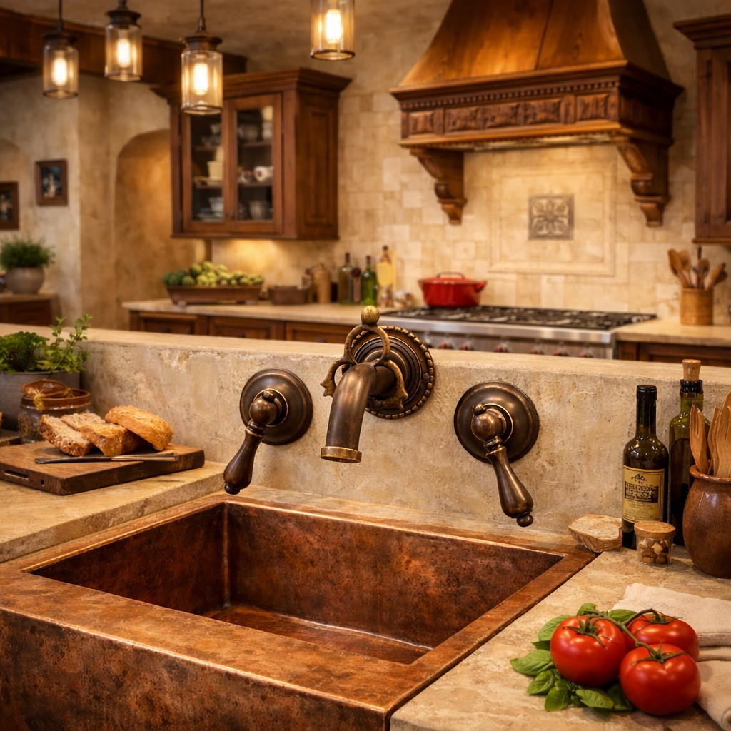 Antique brass wall faucet with decorative ring backplate in a kitchen
