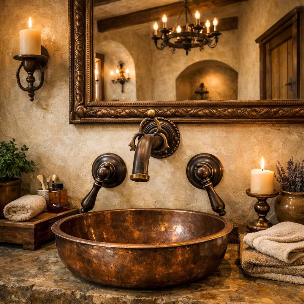 Antique brass wall faucet with decorative ring backplate in a bathroom