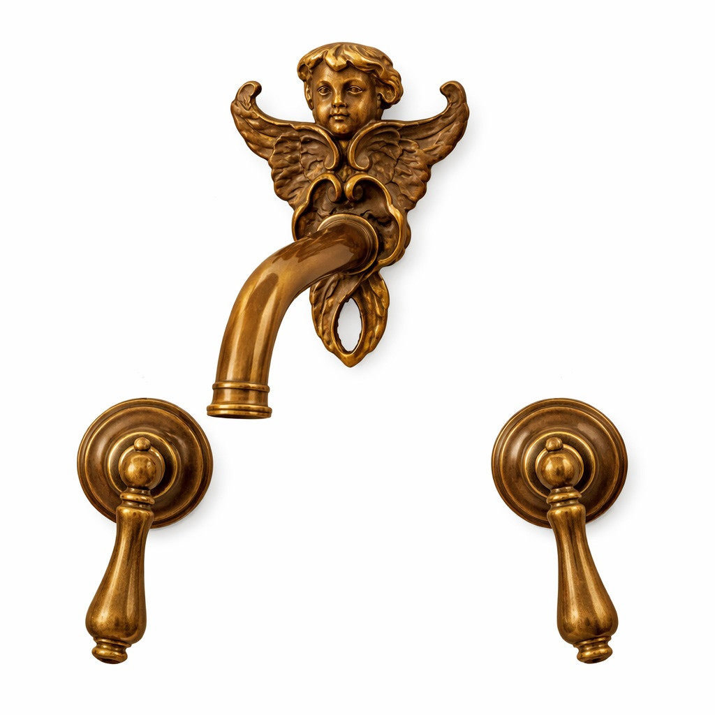 Ornate cherub wall-mounted brass faucet with classic European design with golden finish