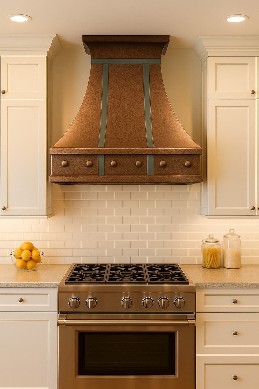 Transitional kitchen with copper and zinc hood above marble backsplash
