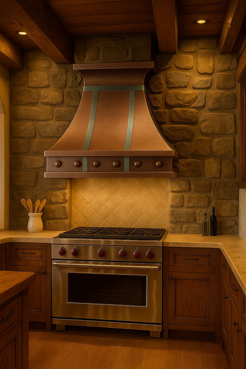 Rustic kitchen with copper and zinc range hood and wood textures