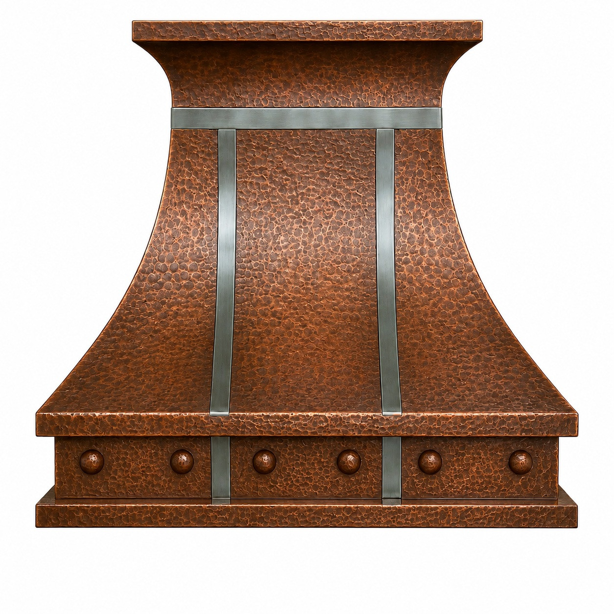Hammered copper bell range hood with zinc straps, curved canopy, and warm patina