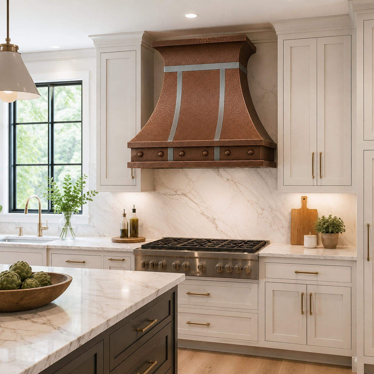 Transitional kitchen with hammered copper bell range hood, zinc straps, stone counters, and bright cabinetry