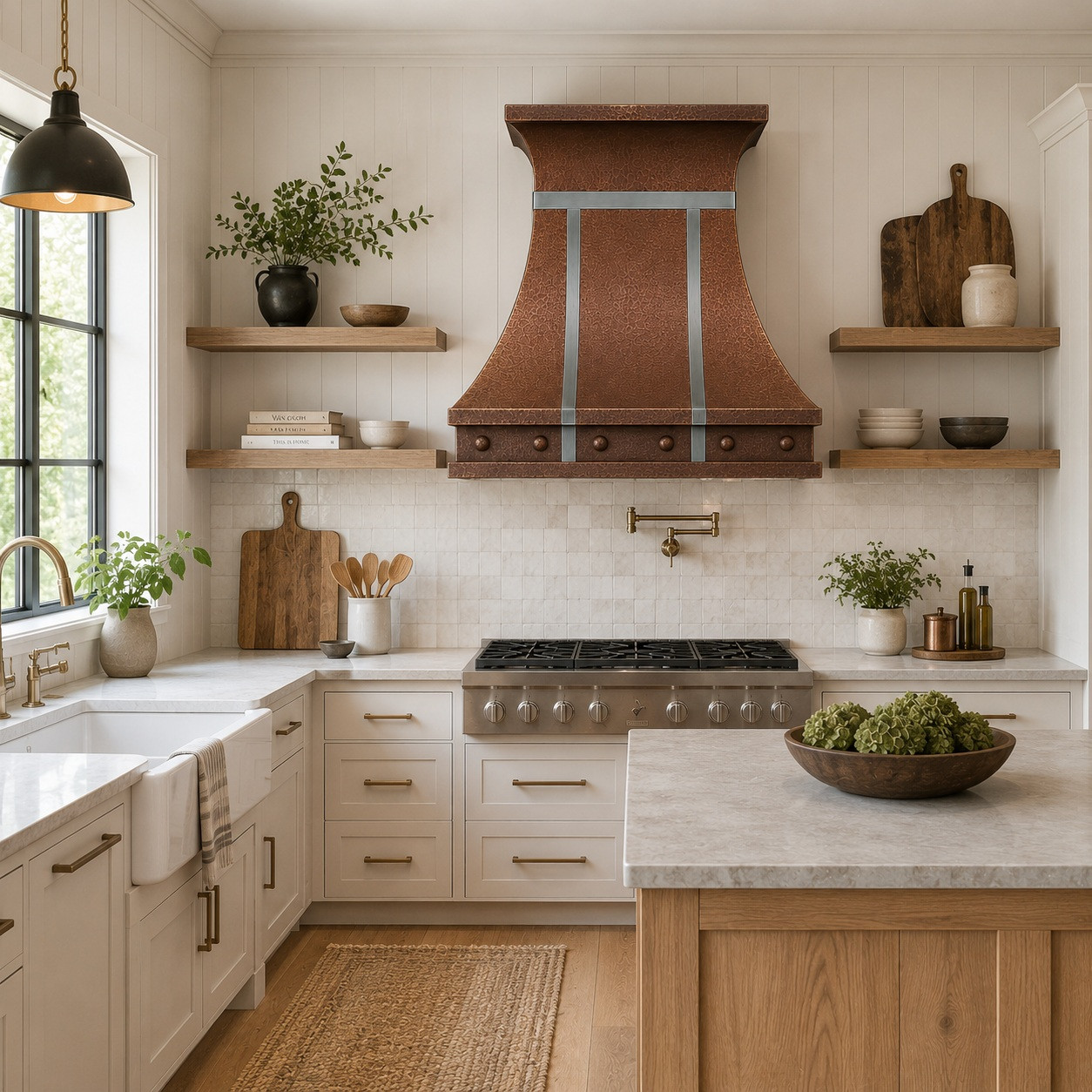 Farmhouse kitchen with hammered copper bell range hood, zinc straps, painted cabinets, and warm wood details