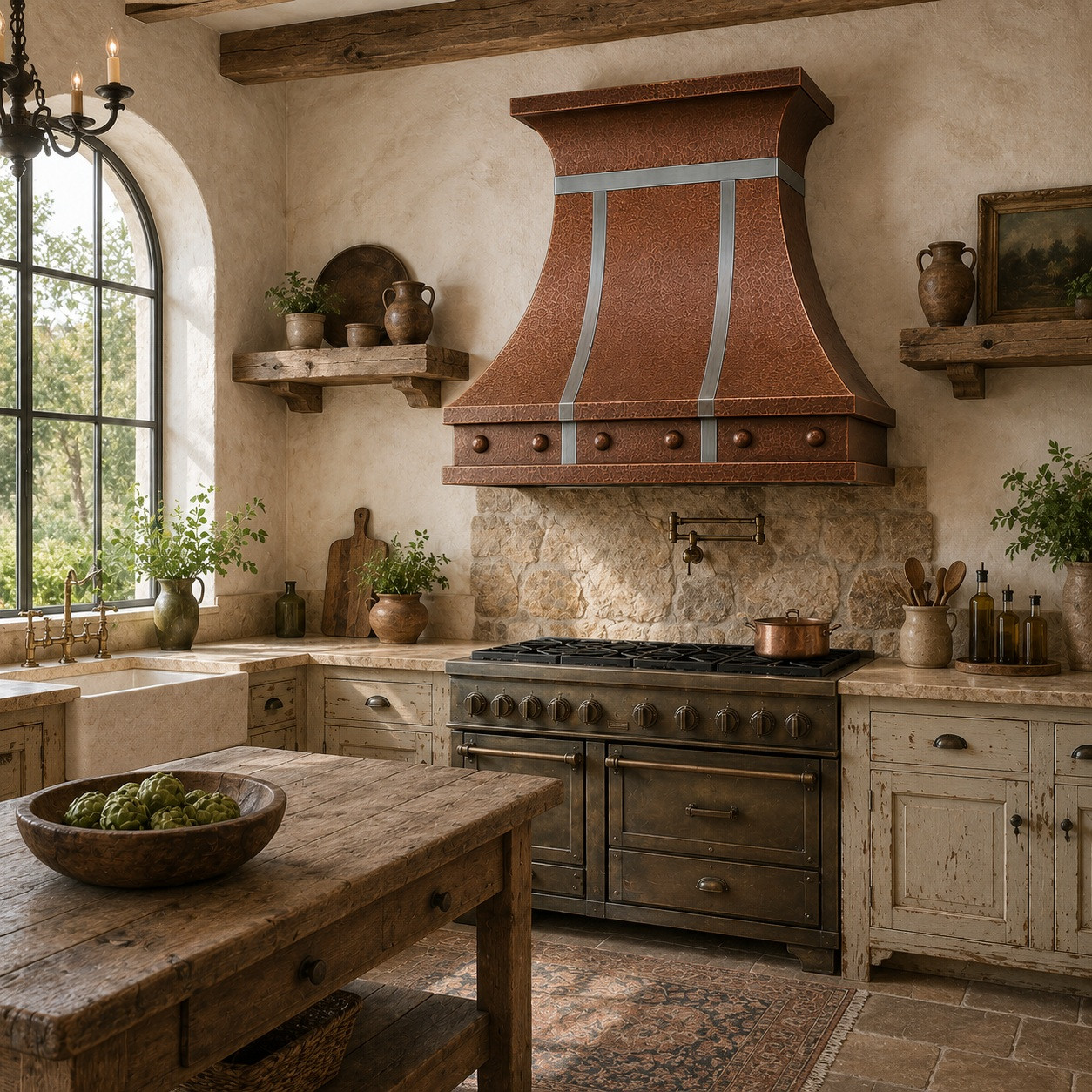 Rustic kitchen with hammered copper bell range hood, zinc straps, stone surfaces, and wood cabinetry
