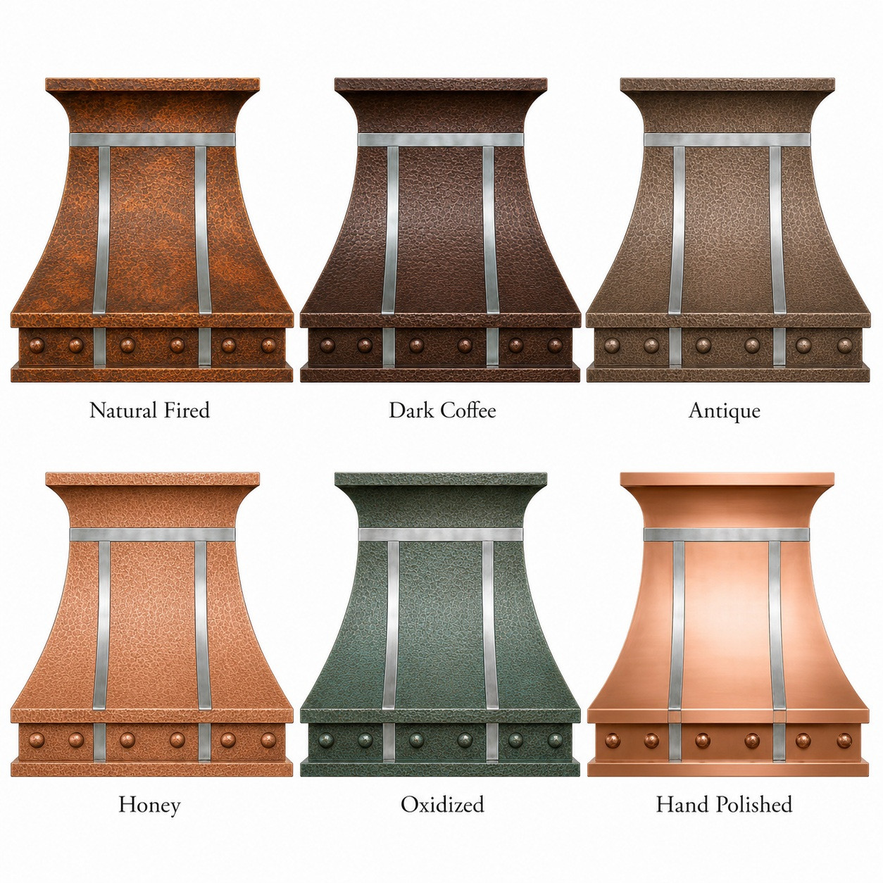 Copper patina finish options for hammered copper bell range hood with zinc straps