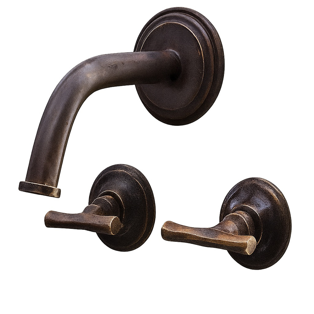 Bronze wall mount faucet with two rustic lever handles with dark aged finish