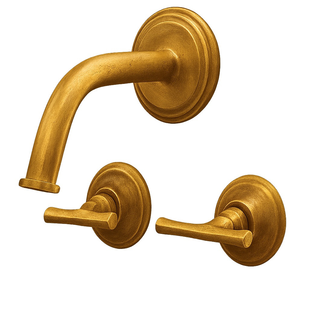 Brass wall mount faucet with two rustic lever handles and warm gold finish