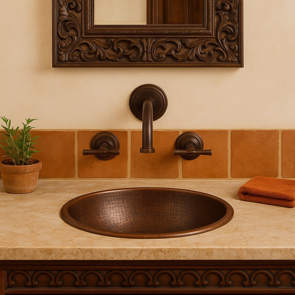 Brass wall mount faucet with two rustic lever handles in a bathroom above a copper sink