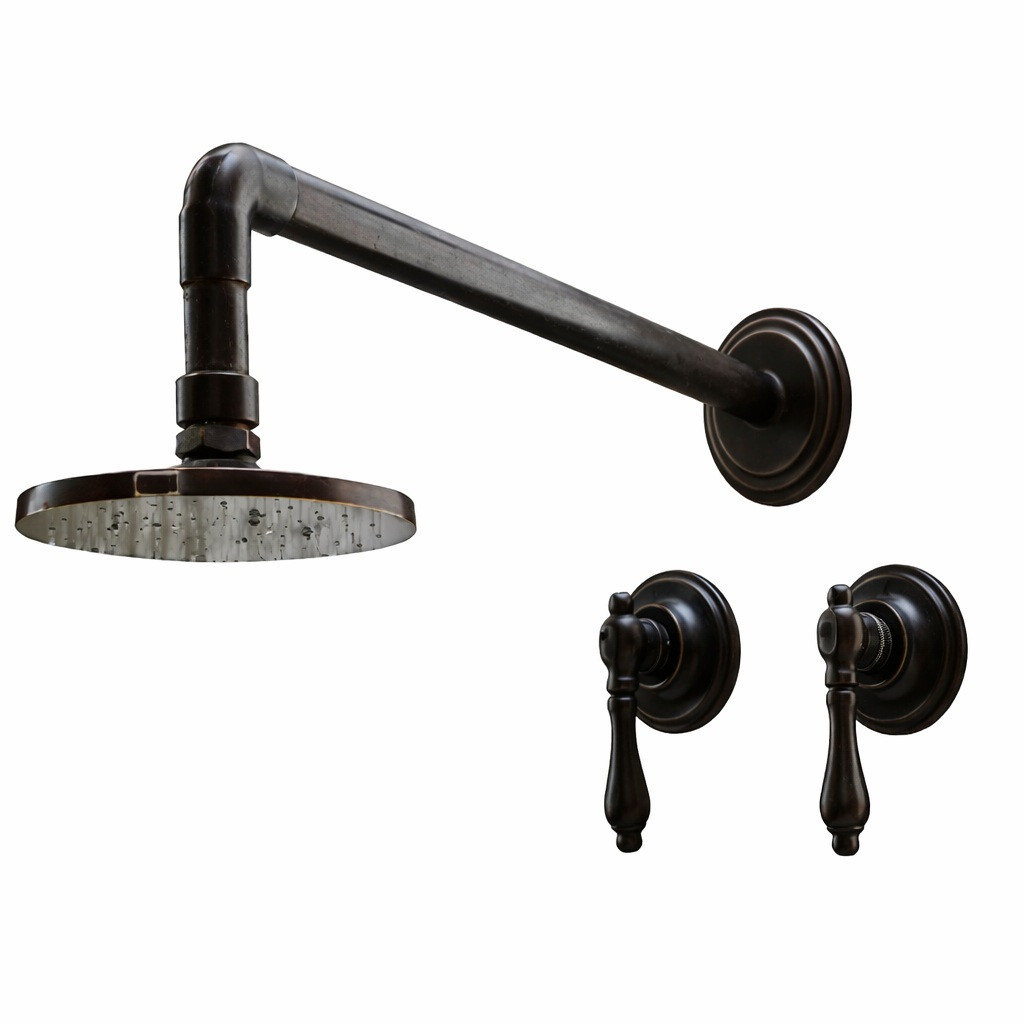 Industrial style shower set with classic lever handles in dark finish with clean geometry and utilitarian character