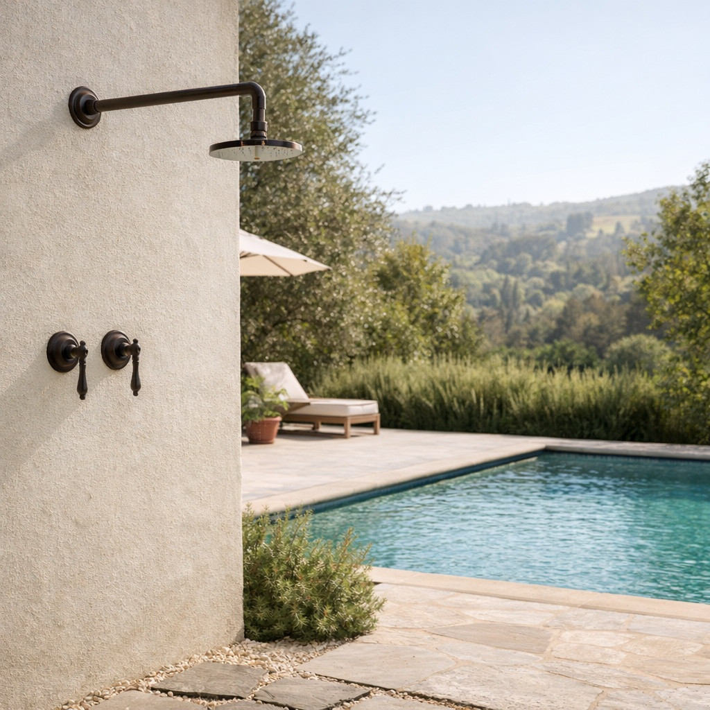 Industrial style shower set with classic lever handles outdoors next to the sweeming pool