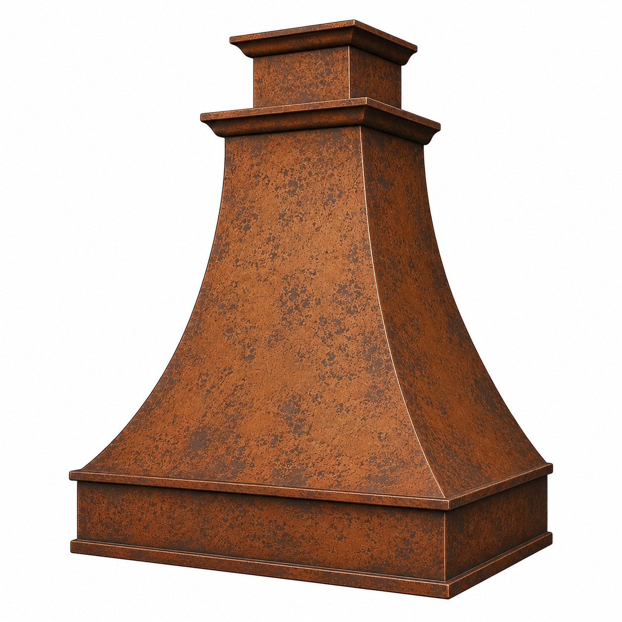 Hammered Hacienda copper range hood with antique patina, angled view