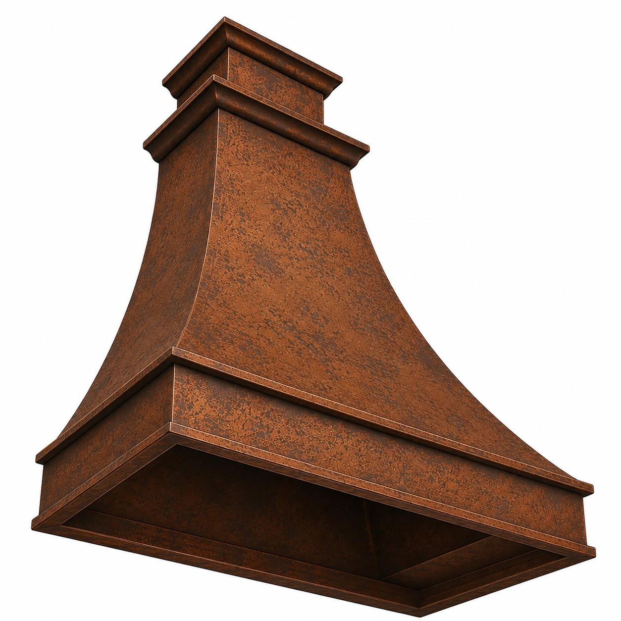 Hammered Hacienda copper range hood underside showing insert opening