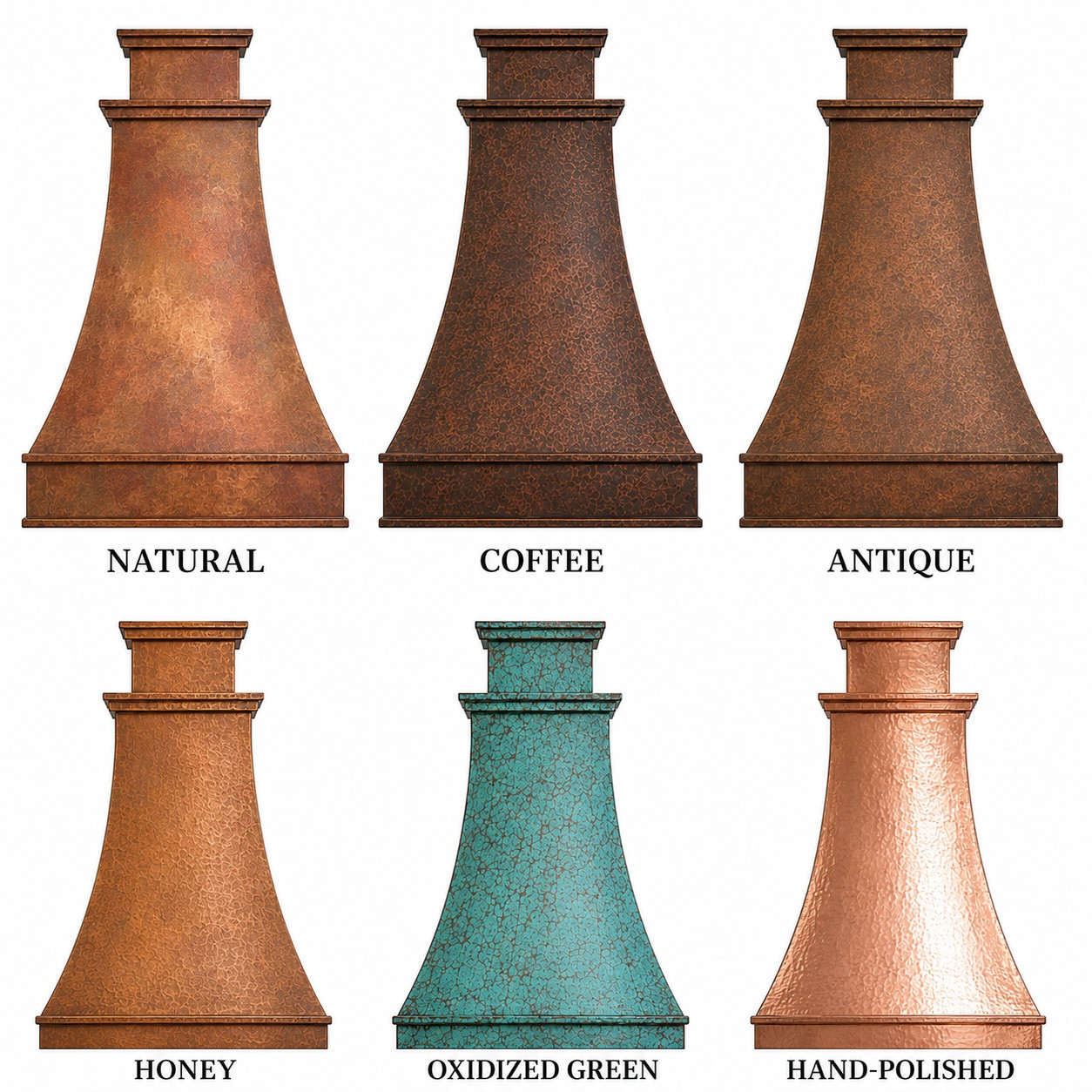 Hammered Hacienda copper range hood shown in six copper finish options