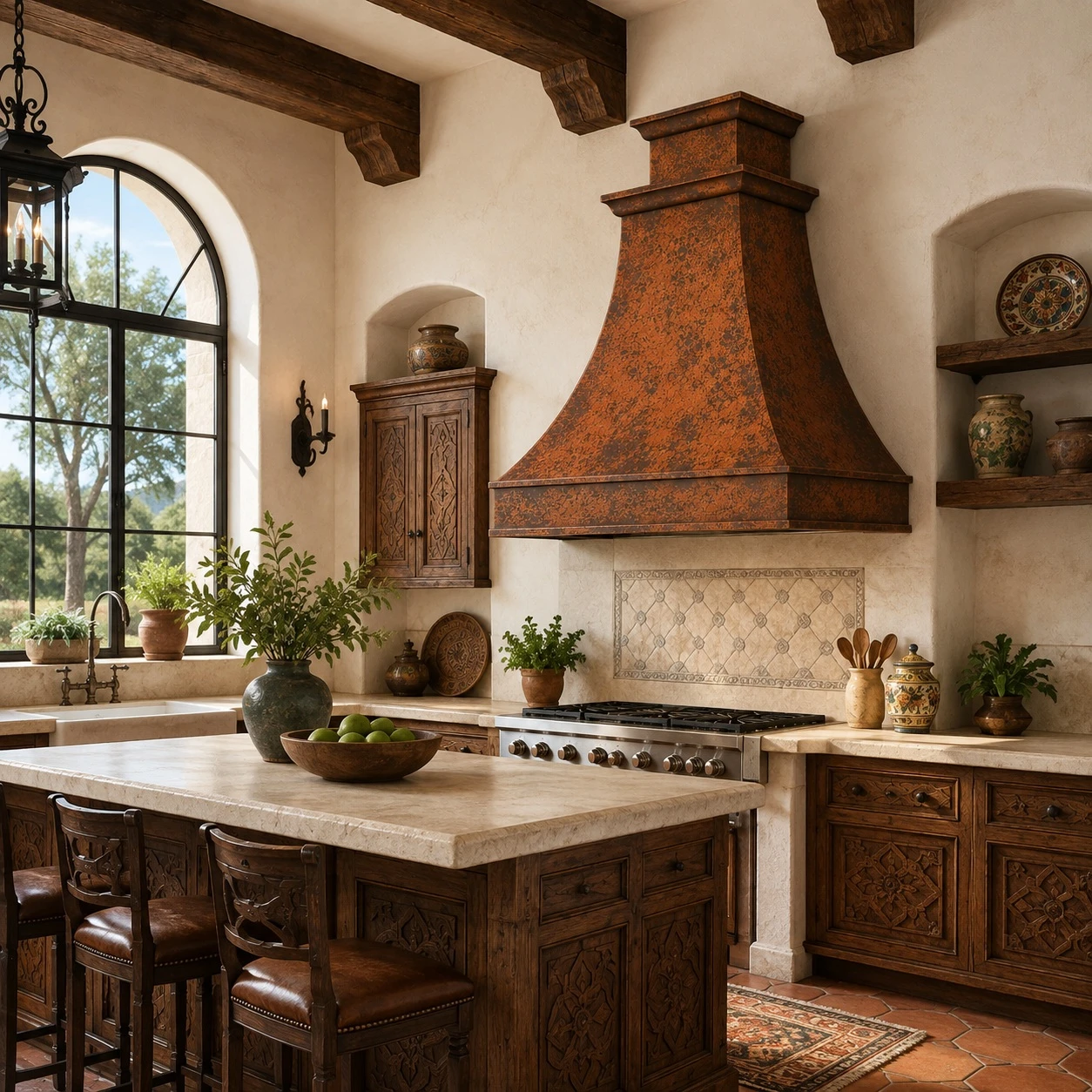Hammered Hacienda copper range hood in a bright kitchen with timber beams, plaster walls and carved wood cabinetry