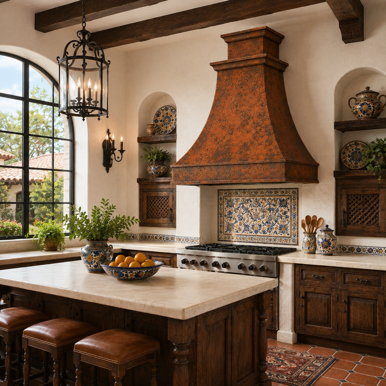 Spanish Colonial kitchen with hand-hammered Hacienda copper range hood and warm patina