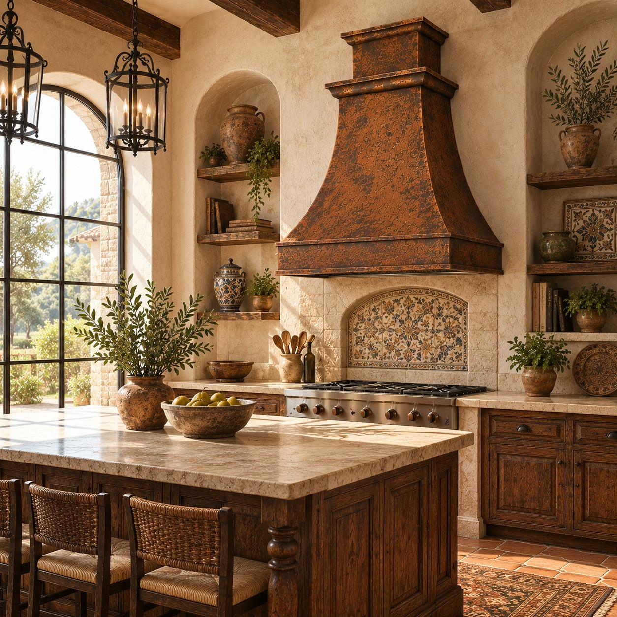 Old-world kitchen with hand-hammered Hacienda copper range hood and substantial apron