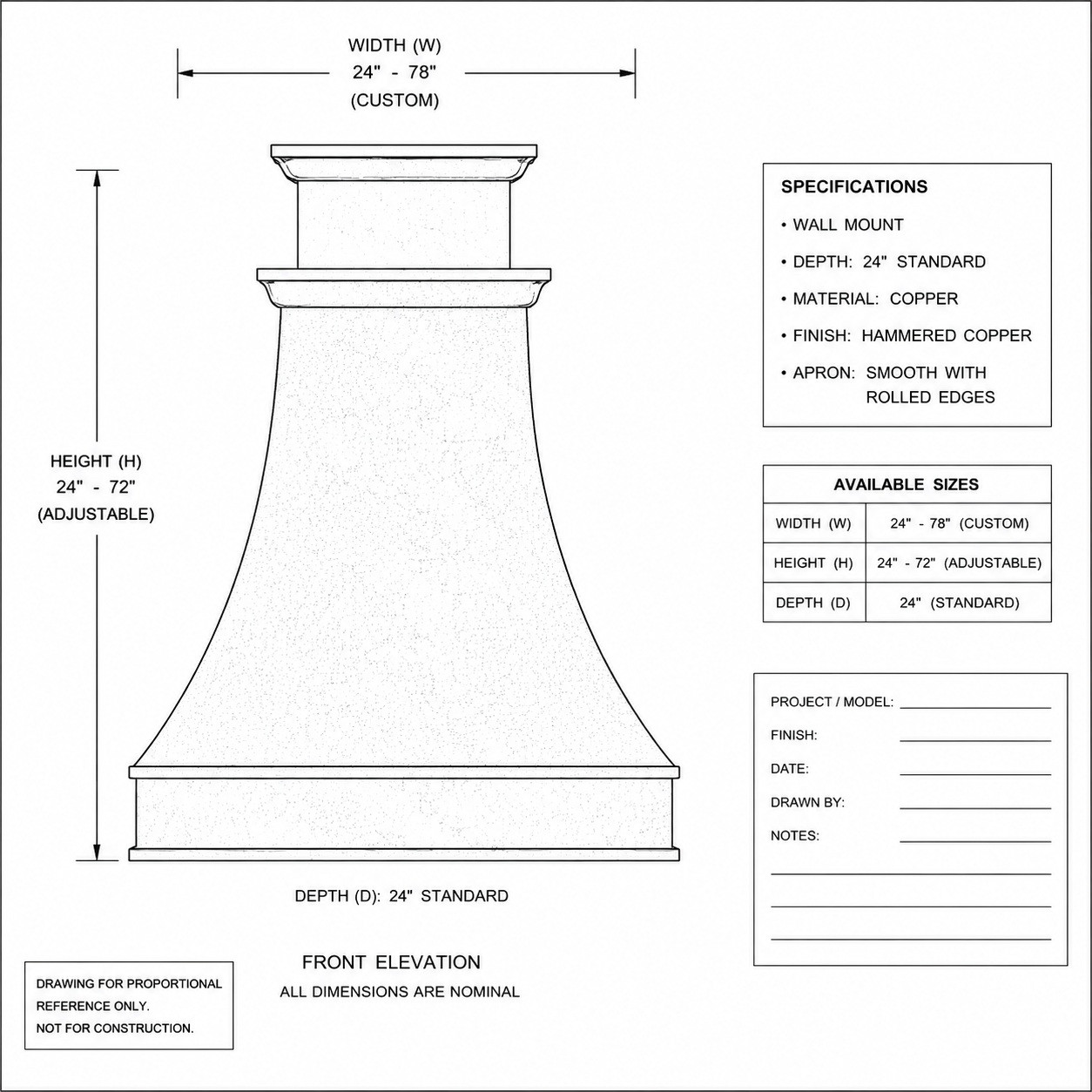 Proportional drawing of hand-hammered hacienda copper range hood with broad apron and chimney