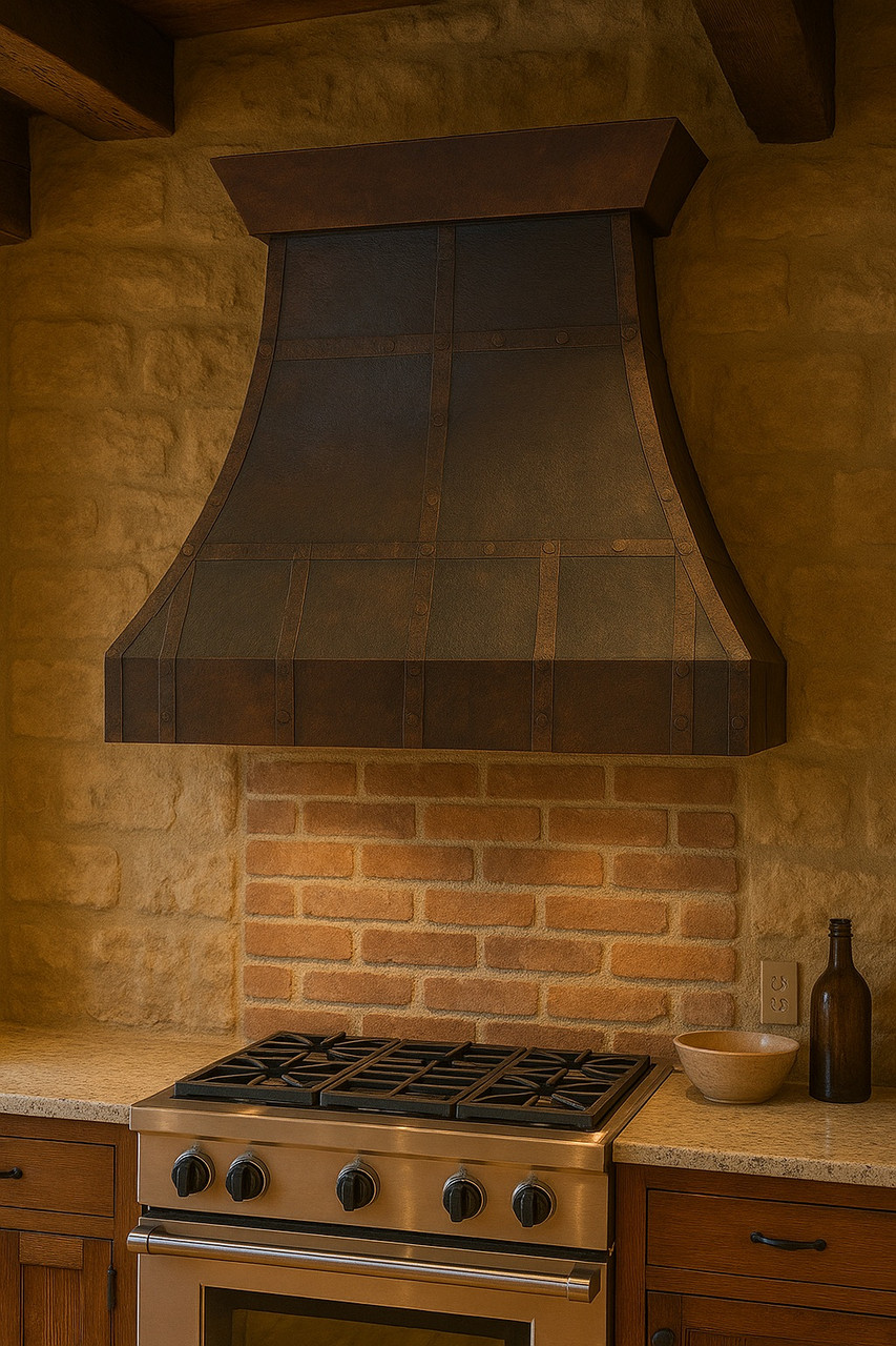 Rustic kitchen with Columbus range hood and natural finishes
