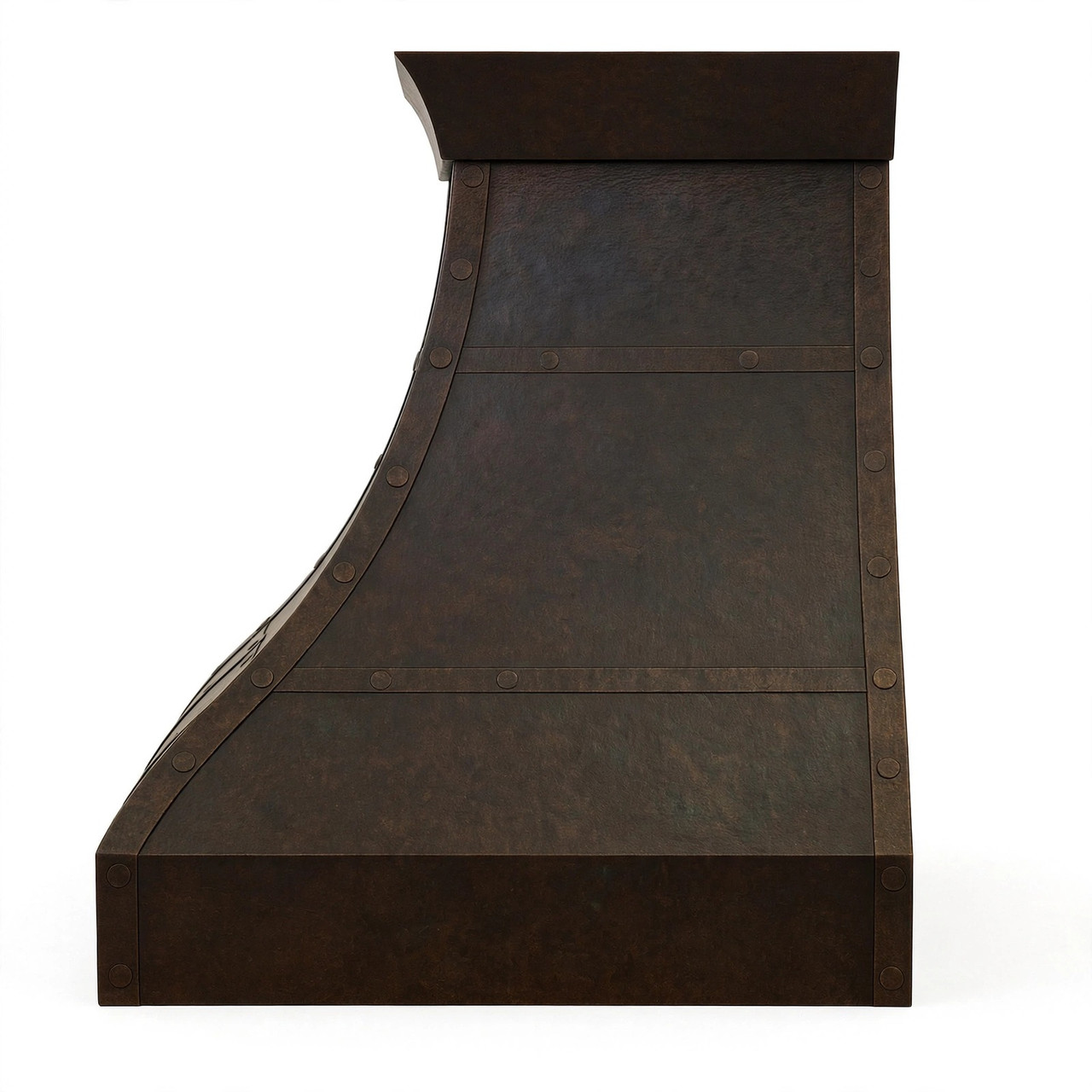 Side profile dark bell copper range hood with riveted straps oil rubbed bronze patina