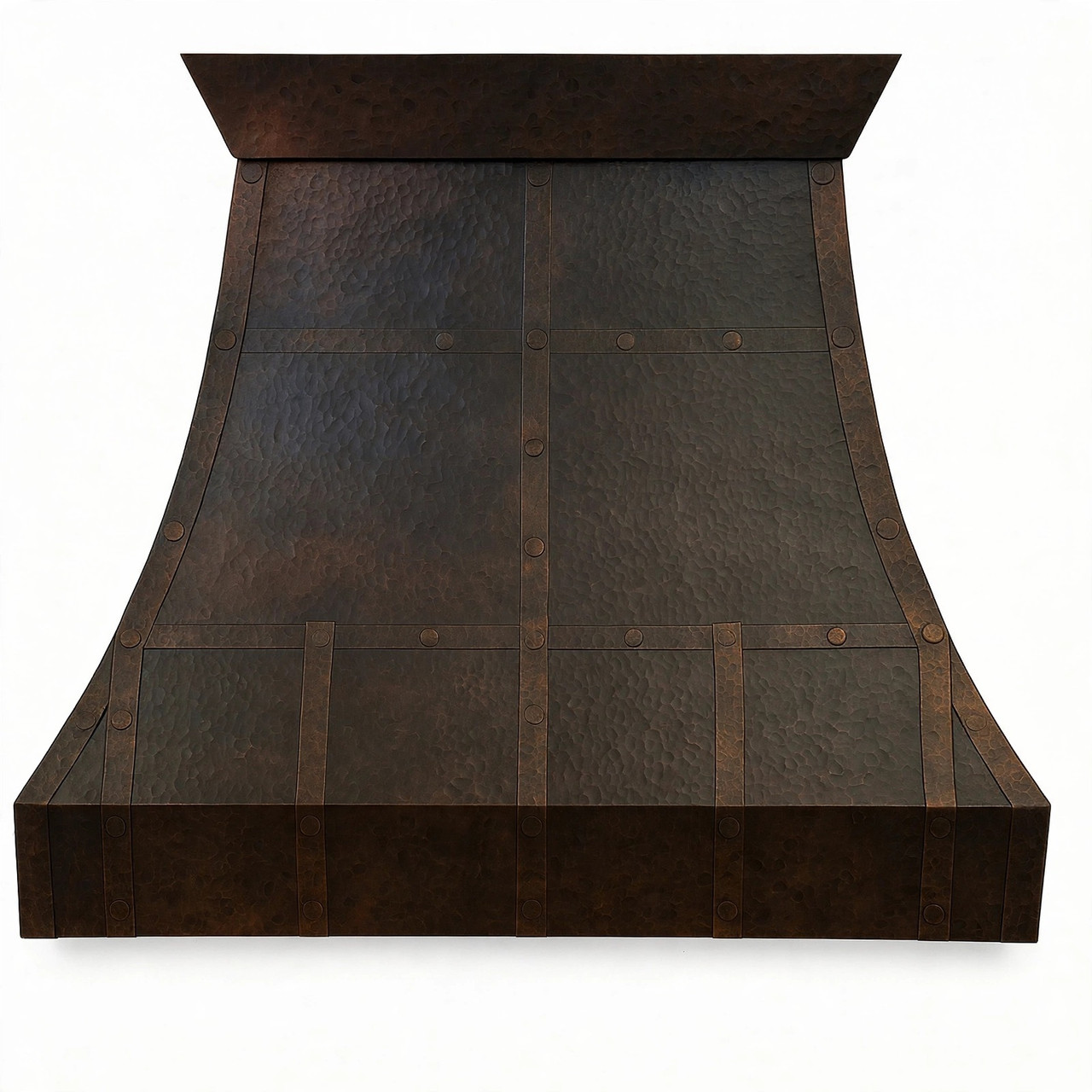 Custom riveted bell copper range hood in oil rubbed bronze dark hammered front view