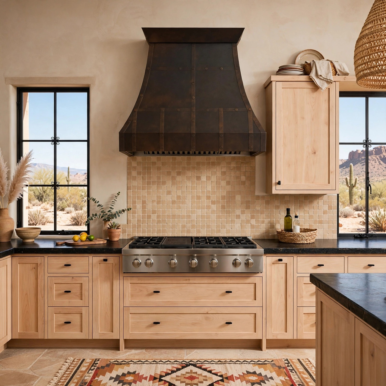 Santa Fe desert modern kitchen with dark riveted bell copper range hood and white oak cabinets