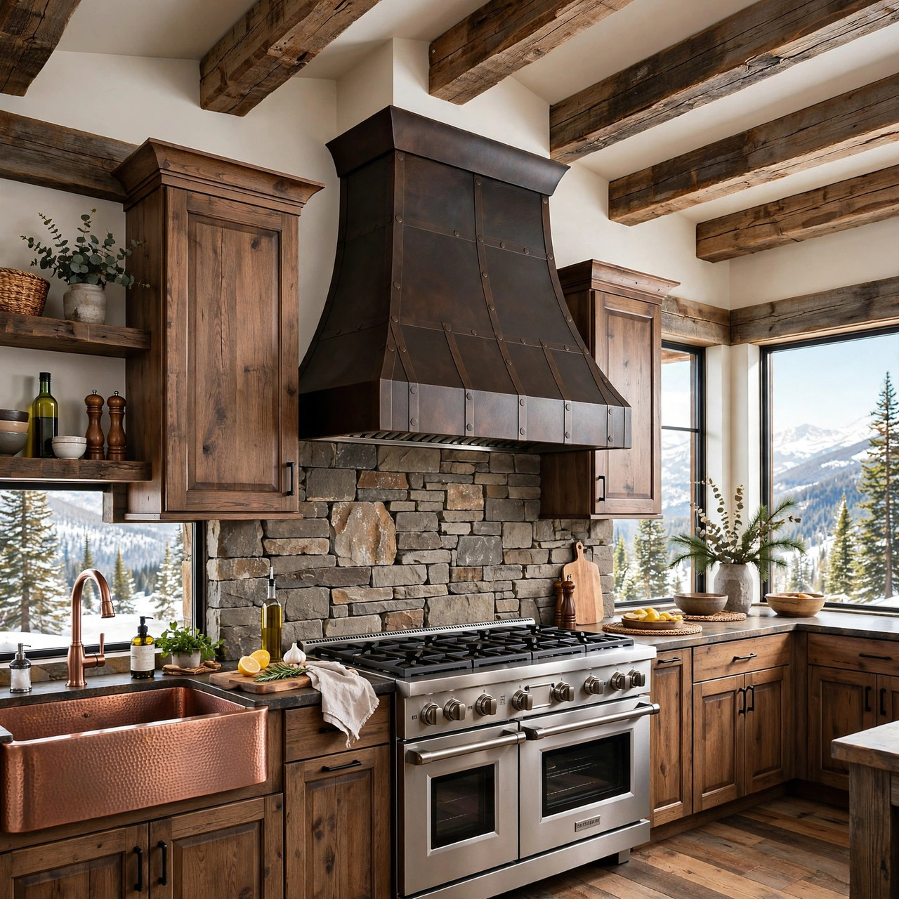 Bright mountain lodge kitchen with reclaimed beams and dark hammered copper range hood