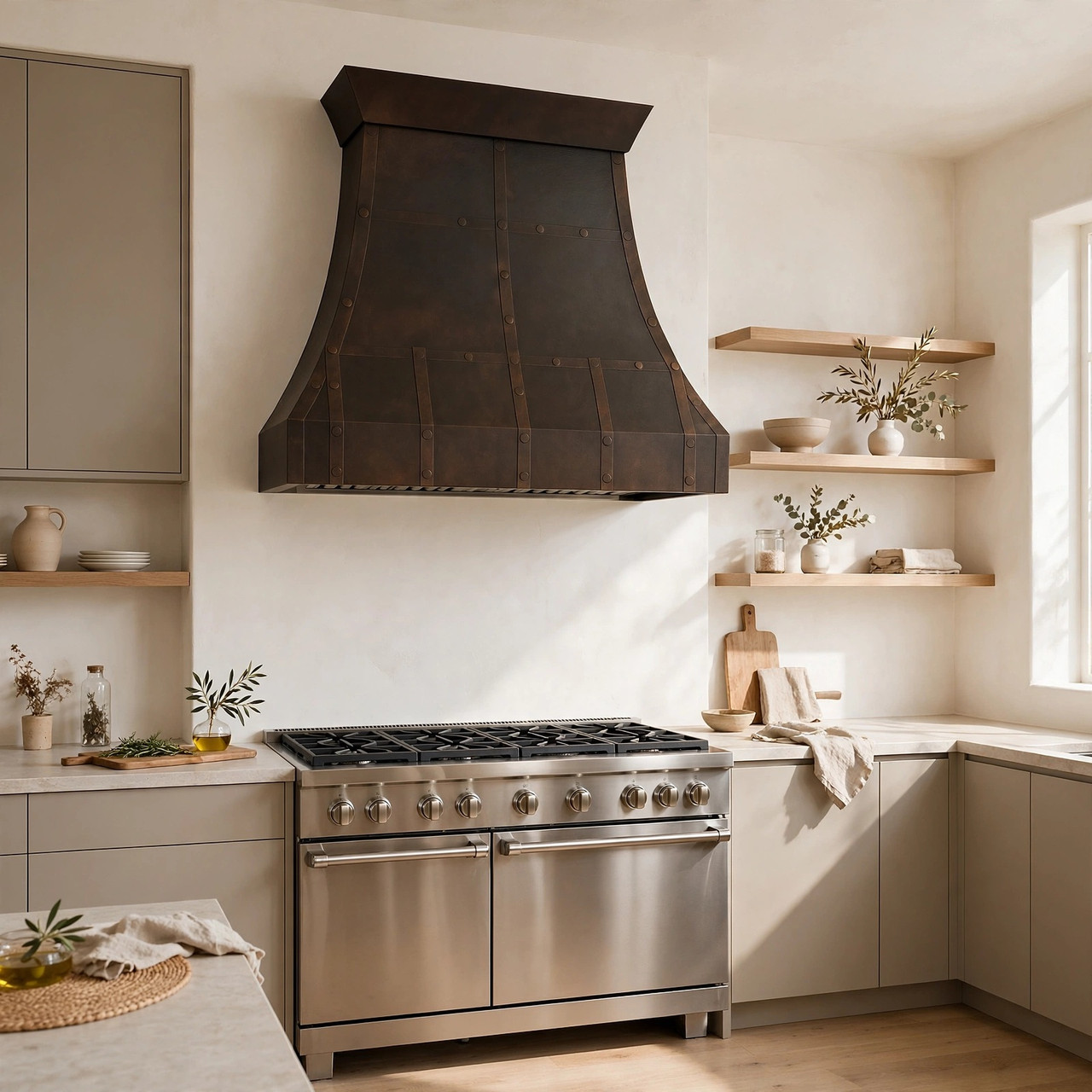 Warm minimalist kitchen with taupe cabinets and dark riveted bell copper range hood focal point