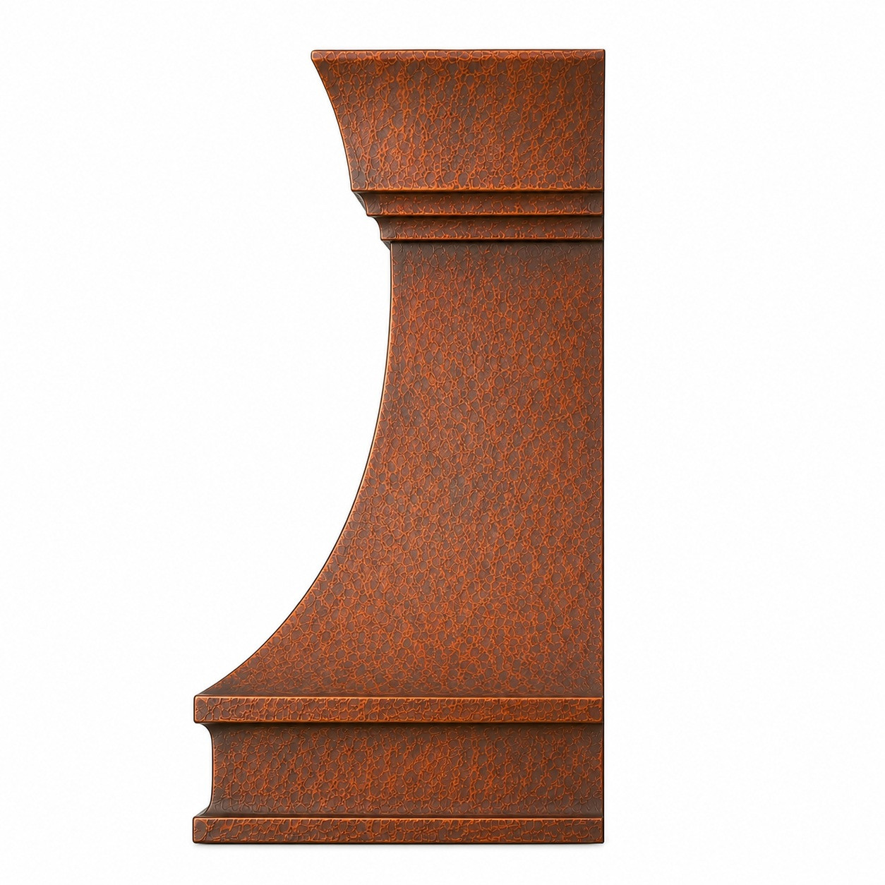 Wall-mount bell-shape rustic hammered copper range hood with curved profile, flat back and natural fired patina