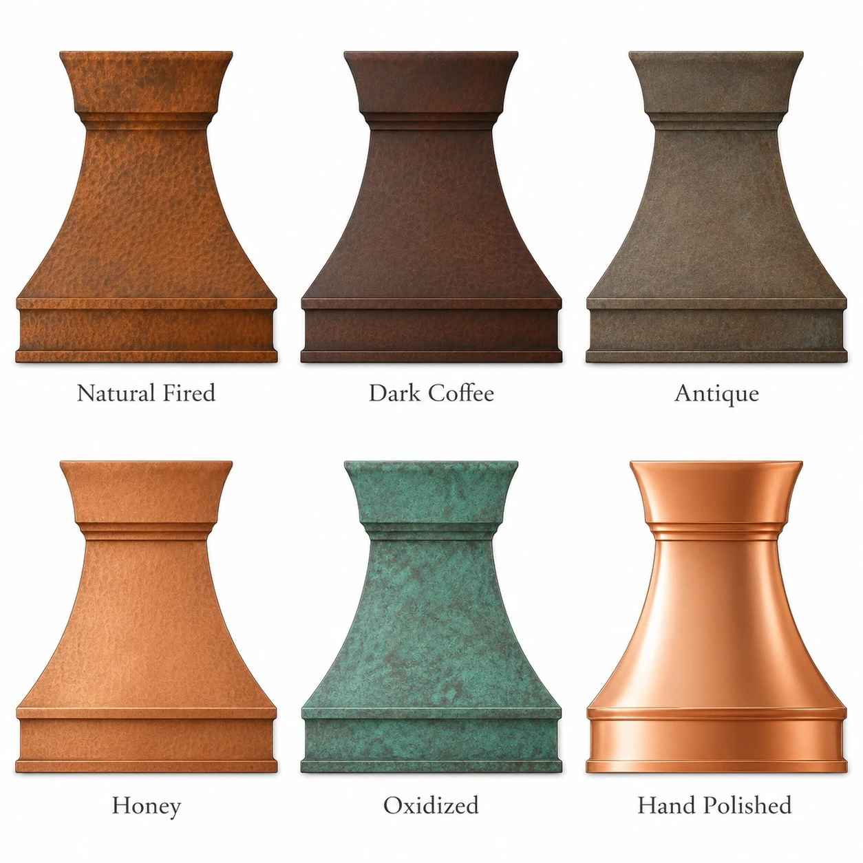 Copper patina finish options for rustic hammered copper range hood with bell shape