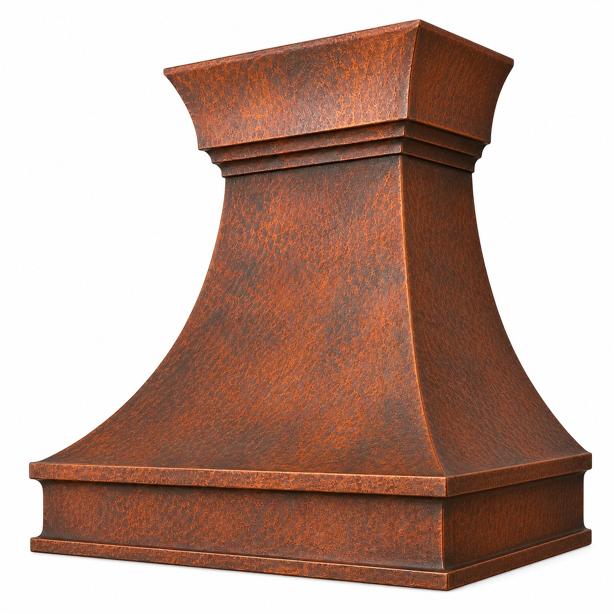 Bell-shape rustic hammered copper range hood in natural fired patina with hand-hammered texture