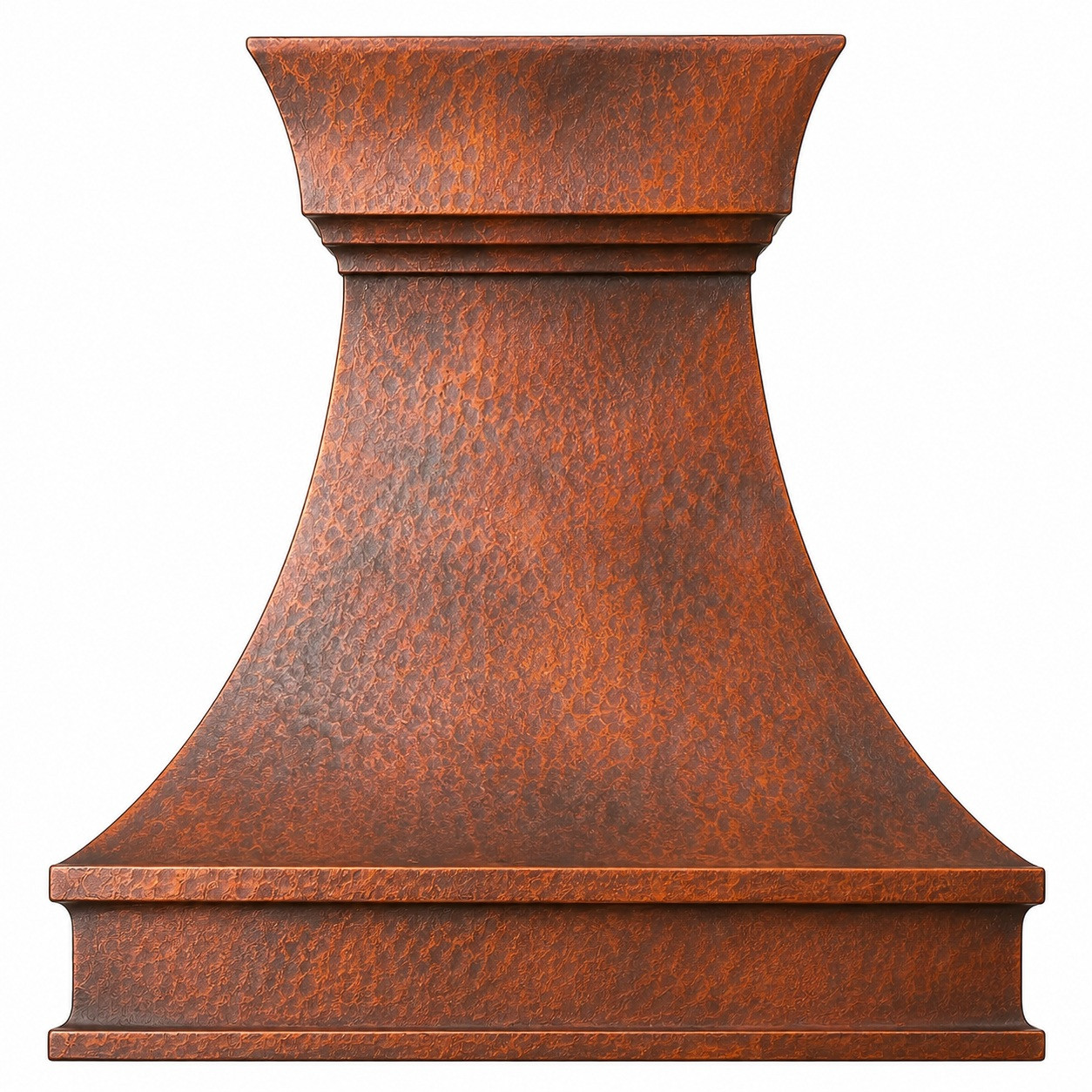 Bell-shape rustic hammered copper range hood with natural fired patina and traditional molded trim