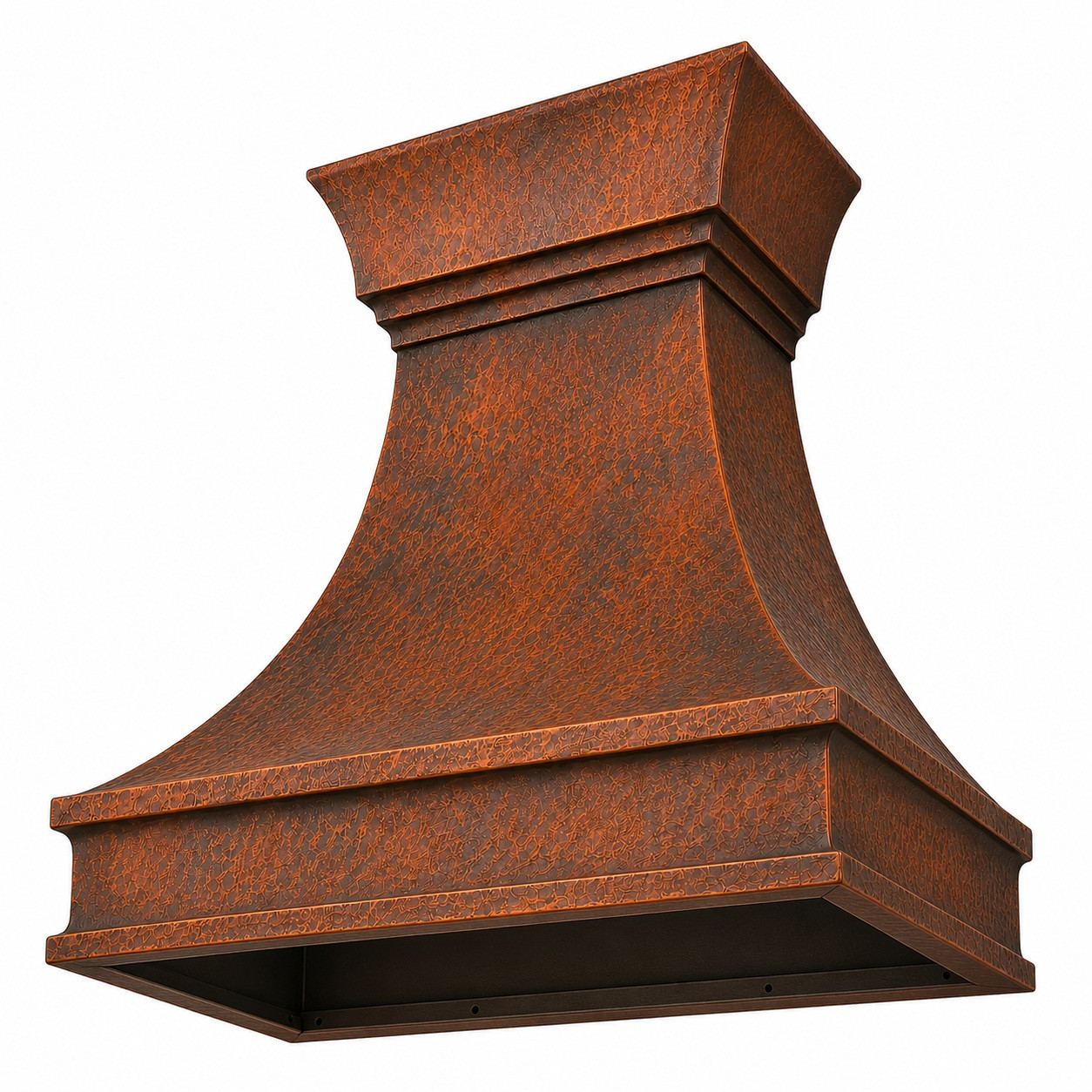 Rustic hammered copper range hood with bell shape and open underside prepared for a ventilation insert