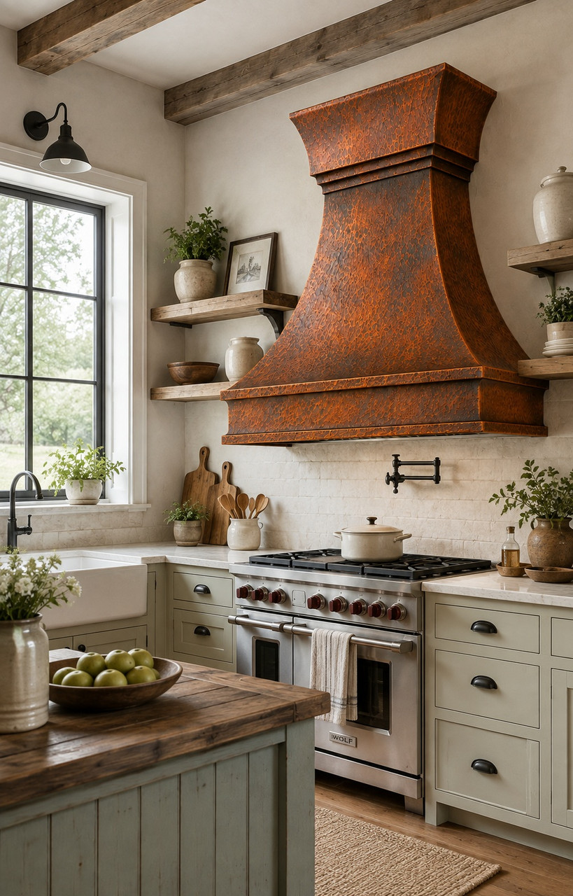 Farmhouse kitchen with rustic hammered copper bell range hood and warm patina