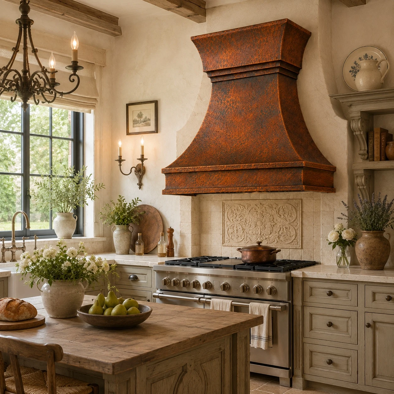 Rustic hammered copper range hood in French Country kitchen with limestone, muted cabinetry and warm wood