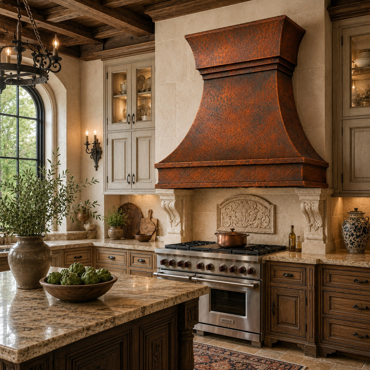 Traditional European kitchen with rustic hammered copper bell range hood and warm finish