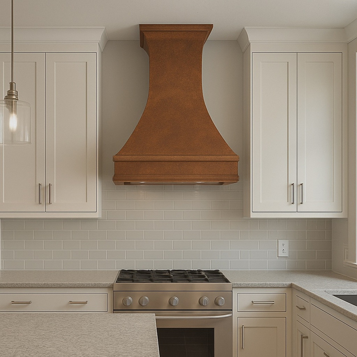 40-inch rustic hammered copper range hood wall mounted in a transitional kitchen with stone counters