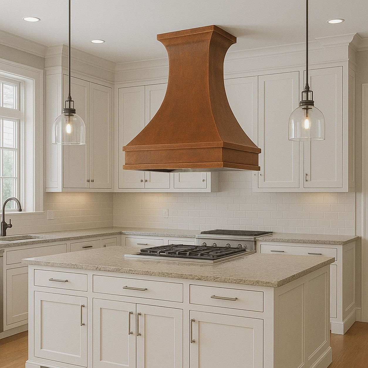 Transitional island kitchen with 40-inch rustic hammered copper bell range hood