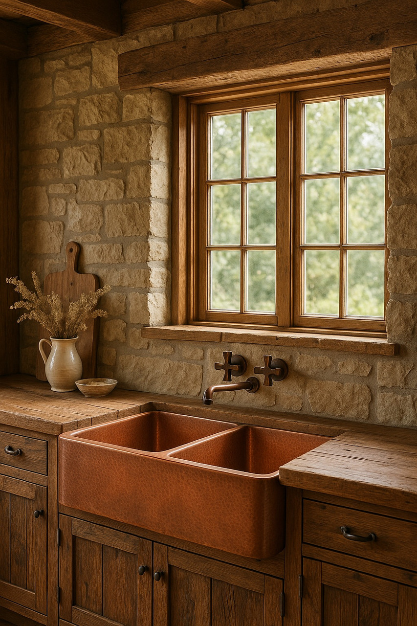 Traditional wall-mount brass faucet above a copper sink in a large rustic farmhouse kitchen.