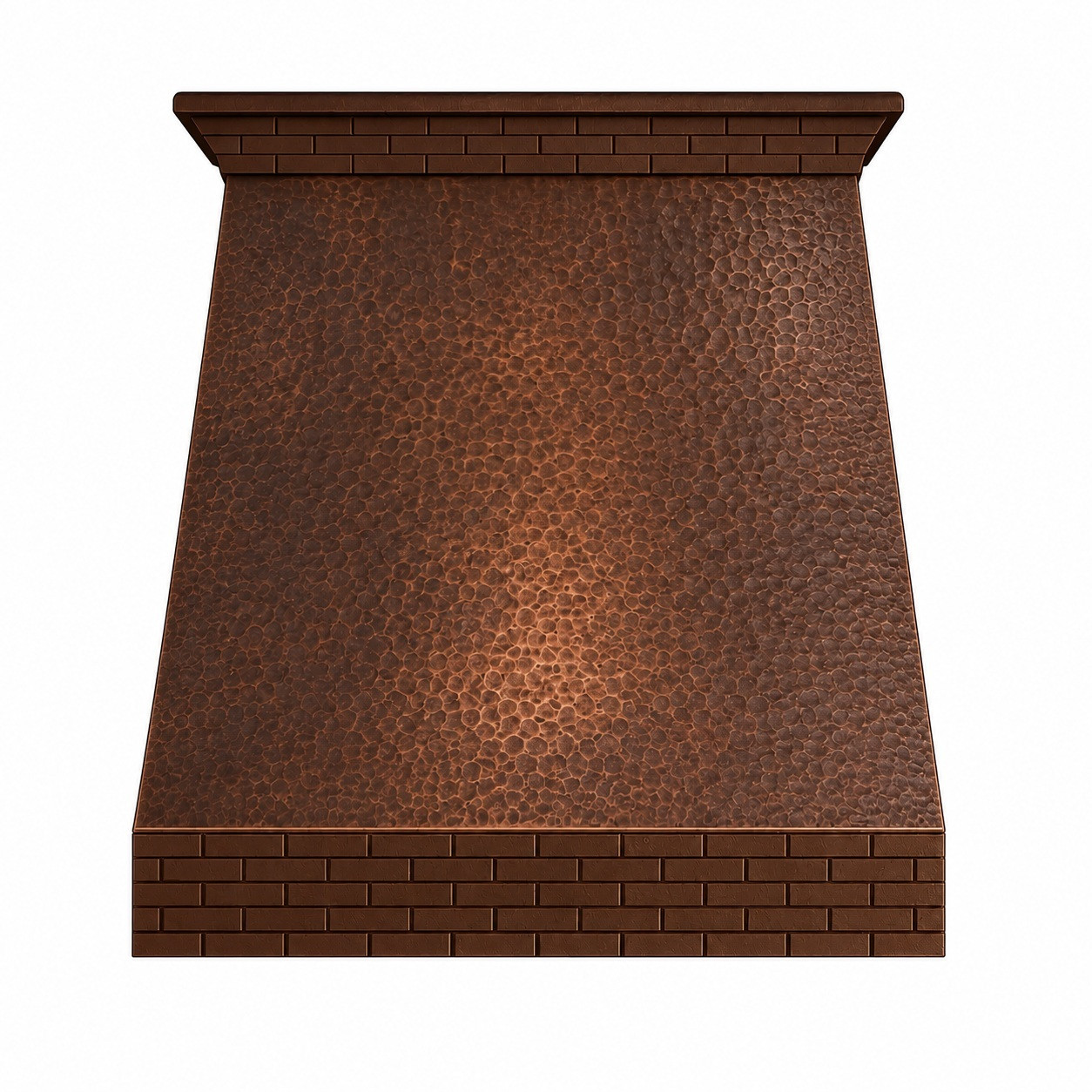 Hand-hammered copper range hood with brick-style apron, tapered body, compact chimney, and warm patina