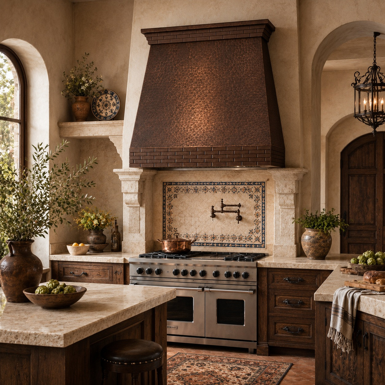 Old-world Mediterranean kitchen with hand-hammered copper hood and brick-style apron