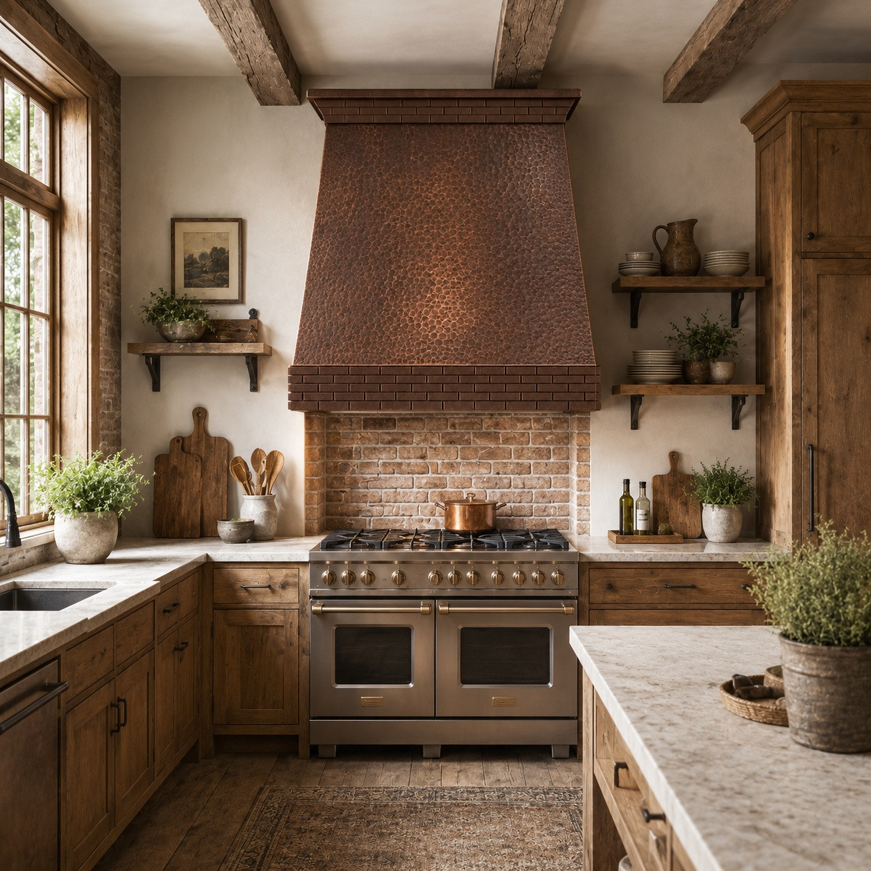 Rustic farmhouse kitchen with hand-hammered copper range hood and brick-pattern apron